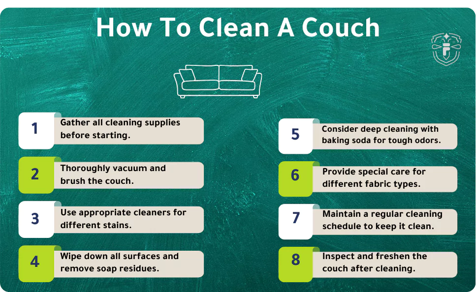 Infographic titled 'How to Clean a Couch' with 8 steps listed: 1. Gather all cleaning supplies before starting. 2. Thoroughly vacuum and brush the couch. 3. Use appropriate cleaners for different stains. 4. Wipe down all surfaces and remove soap residues. 5. Consider deep cleaning with baking soda for tough odors. 6. Provide special care for different fabric types. 7. Maintain a regular cleaning schedule to keep it clean. 8. Inspect and freshen the couch after cleaning.
