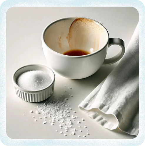 A close-up of a white ceramic cup with visible brown tea or coffee stains inside. Next to the cup, a small pile of coarse salt and a white cloth on a clean white countertop. The background is plain white, creating a clean and minimalistic look.