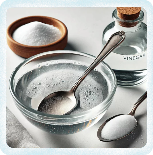 A close-up of a tarnished silver spoon partially submerged in a clear glass bowl filled with a salt and vinegar mixture. A small pile of salt and a clear glass bottle of vinegar are placed beside the bowl on a white countertop. The background is plain white, emphasizing the cleaning setup.