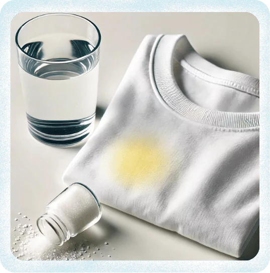 A close-up of a white cotton shirt with a visible yellow stain on a clean white countertop. Next to the shirt, a small pile of salt and a clear glass of water. The background is plain white, highlighting the cleaning elements.